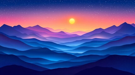 Wall Mural - A vibrant digital landscape depicting mountains at sunset with a starry sky.