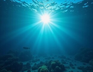 Poster - Light filters through the surface of the deep blue sea, creating a serene atmosphere with vibrant rays reaching down into the water's depths during the day. Generative AI