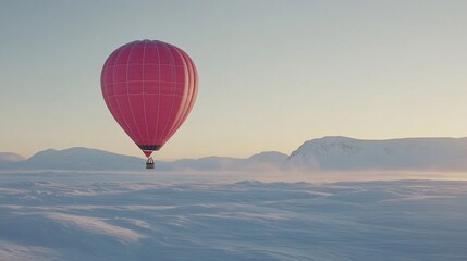 Wall Mural - A vibrant hot air balloon floats over a serene, snowy landscape at sunrise.