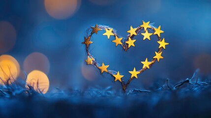 Canvas Print - gold stars arranged in the shape of a heart, glowing against soft blue bokeh.