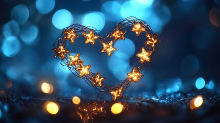 Canvas Print - glowing star-shaped lights arranged in a heart shape against a bokeh background.