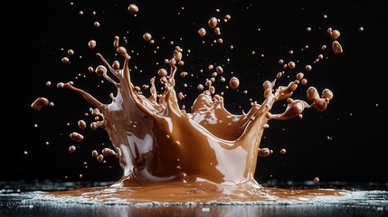 An impressive splash of chocolate captured mid-air, showcasing the energy and beauty of liquid motion against a stark black backdrop that enhances its richness.