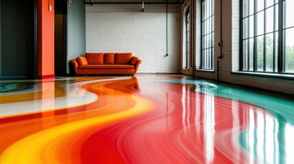 Aufkleber - A bright modern living room featuring a stunning glossy floor design with vibrant colors that create a dynamic and inviting atmosphere for relaxation and creativity.