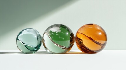 Poster - Three beautiful glass marbles in varying colors exhibit stunning craftsmanship and unique designs, reflecting light in an elegant display of artistry.