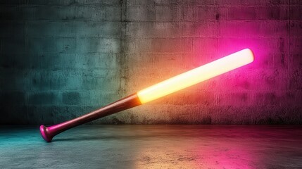 Poster - A mesmerizing wooden bat emits a soft glowing light, contrasting vividly against an edgy, textured wall, creating an intriguing atmosphere that captivates the viewer's imagination.