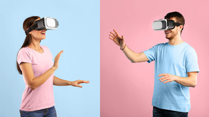 Poster - Portrait of excited couple wearing VR headsets, isolated on blue and yellow studio wall, touching air
