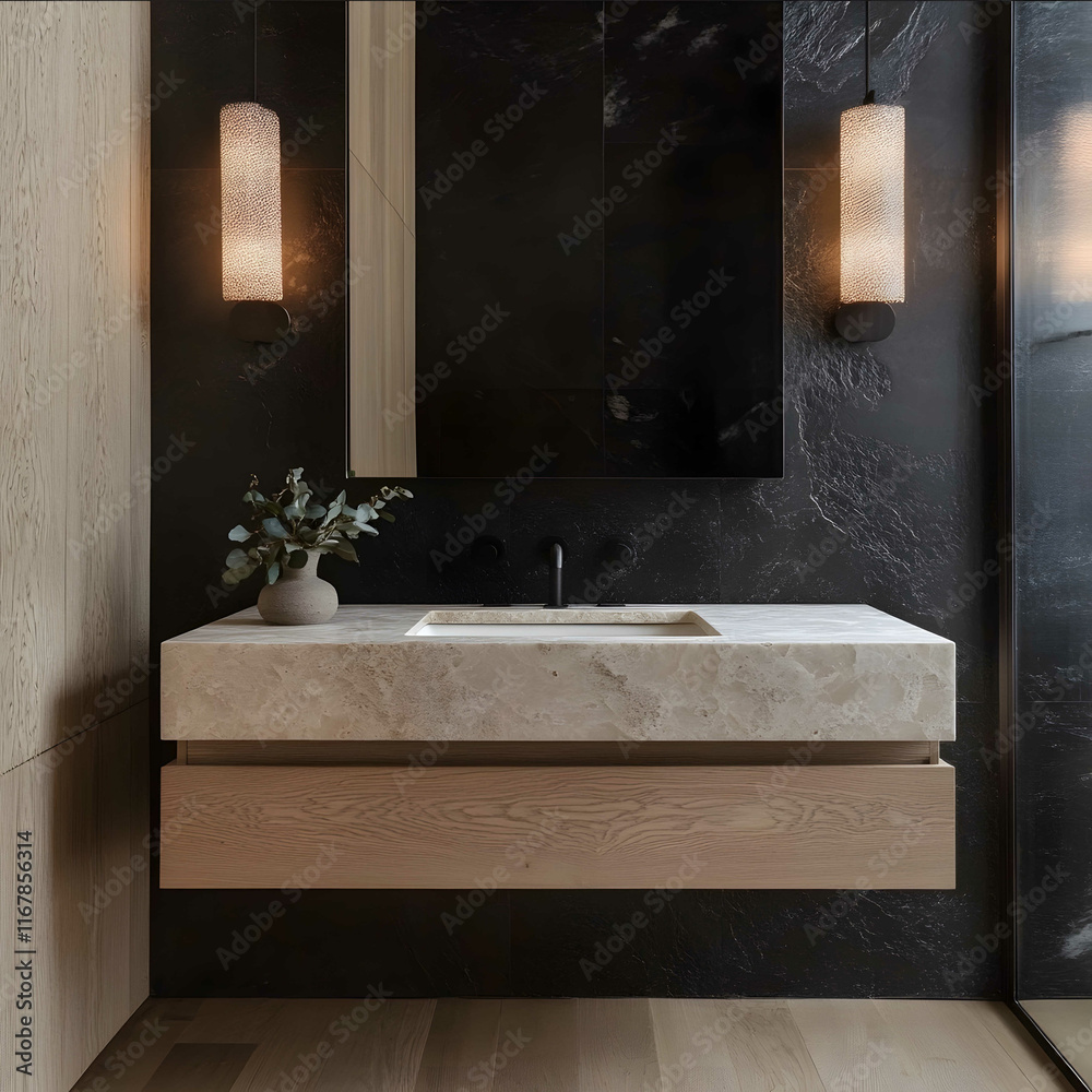 an editorial shot for an interior design magazine of a modern powder ...