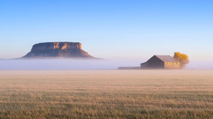 Wall Mural - Tranquil Morning in the Countryside - Serene Rural Scene with Barn in Foggy Field and Soft Light | Ultra Detailed Landscape Photography