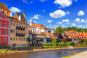 Wall Mural - Summer cityscape - view of the Vltava river embankment in the historical center of Cesky Krumlov, Czech Republic