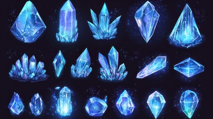 Poster - Magical collection of glowing ice crystals in various geometric shapes. Transparent gem elements with mystical blue luminescence. Cartoon vector fantasy resource assets for RPG game interface design.