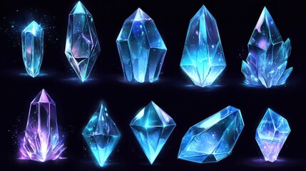 Poster - Magical collection of glowing ice crystals in various geometric shapes. Transparent gem elements with mystical blue luminescence. Cartoon vector fantasy resource assets for RPG game interface design.