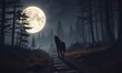 © Prayad - Lonesome forest path illuminated by full moon with howling wolf silhouette,  wolf,  forest,