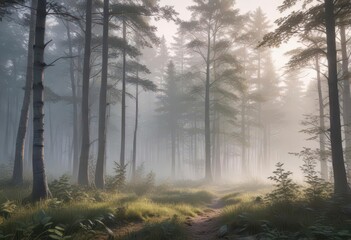  Misty forest at dawn with soft focus and subtle color gradation, foggy,  forest,  atmosphere