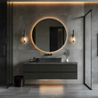 © gogu - A modern bathroom with glossy gray wall tiles and matte gray floor tiles Black bathroom cabinets with a round mirror above the sink Two sleek and thin wallmounted lights
