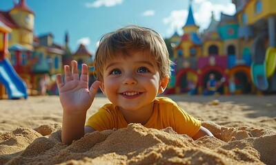 Wall Mural - Joyful Toddler Playing in the Sand at a Colorful Playground