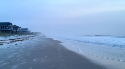 Wall Mural - Tranquil Morning on Misty Beach: Serene Dawn, Soft Waves, Peaceful Shoreline for Contemplation