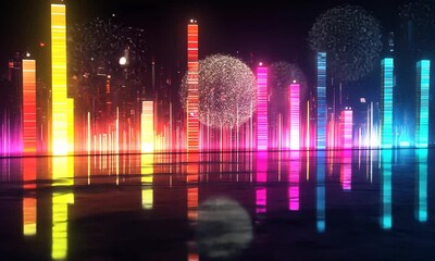 Wall Mural - Neon Cityscape Symphony: A vibrant digital artwork showcasing a futuristic city reflecting in a tranquil water body, illuminated by colorful neon lights and dynamic fireworks.
