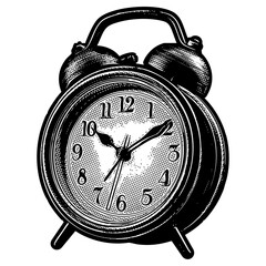 Poster - Classic alarm clock illustration in retro black and white halftone newspaper print graphic style