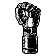 Poster - Robot hand illustration in retro black and white halftone newspaper print graphic style
