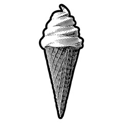 Poster - Soft serve ice cream cone illustration in retro black and white halftone newspaper print graphic style