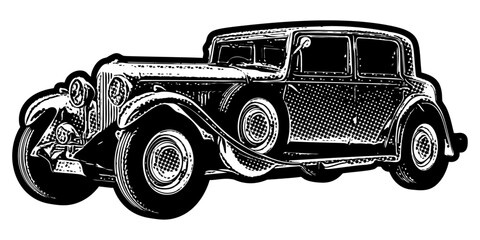 Poster - Vintage 1930s car illustration in retro black and white halftone newspaper print graphic style