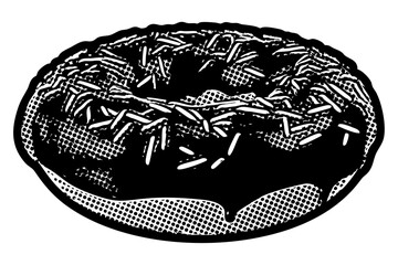 Poster - Simple donut illustration in retro black and white halftone newspaper print graphic style
