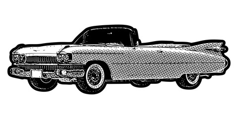 Poster - Vintage 1950s convertible car illustration in retro black and white halftone newspaper print graphic style