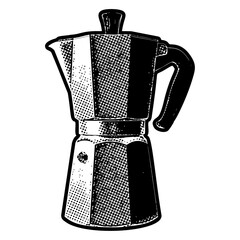 Poster - Moka pot coffee maker illustration in retro black and white halftone newspaper print graphic style