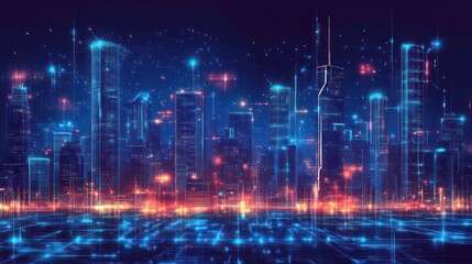 Poster - Neon metaverse city. Tech building background. Futuristic cyber virtual reality technology for world cityscape hologram. Ai night skyline bg. Modern street architecture with data network concept