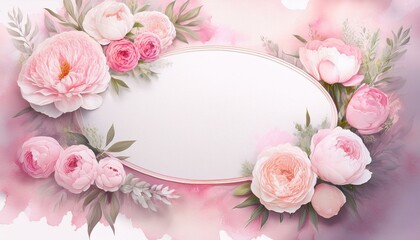 Wall Mural - Delicate pink roses and peonies arranged around an oval frame on a watercolor background.