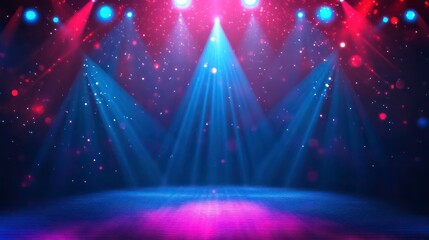 Wall Mural - Red and blue laser light for concert background. Dance party event with lazer circle design for dj. Night strobe performance with sparkle and steam. Realistic nightlife bg. Vibrant virtual technology