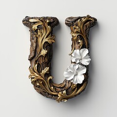 Wall Mural - Elegant Wooden Letter U with Gold and Floral Accents