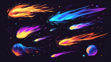Wall Mural - space comets set isolated on black background. vector cartoon illustration of neon color asteroid ro