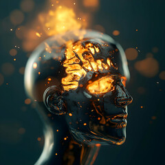 Aufkleber - A futuristic humanoid head with a fiery interior, symbolizing creativity and transformation, set against a dark backdrop.
