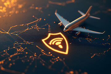 Poster - an airplane model is placed on a digital network background featuring a wireless security symbol, sy