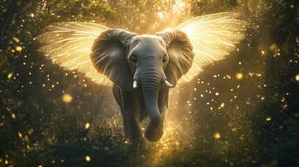 Wall Mural - A whimsical elephant with wings in a magical forest, evoking wonder and imagination.