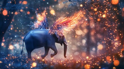 Wall Mural - A whimsical elephant with colorful, sparkling wings in a magical forest setting.