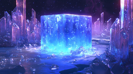 Wall Mural - A large block of ice, glowing with a blue light, sits on a frozen ground surrounded by tall, crystalline structures and scattered ice chunks. Crystaline. Illustration