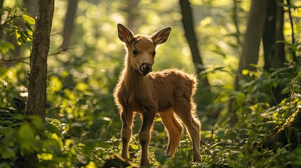 Wall Mural - moose calf in forest sunlight, wildlife scene.