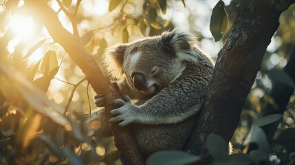Wall Mural - koala resting in eucalyptus tree at sunset, australian wildlife. nature conservation image.