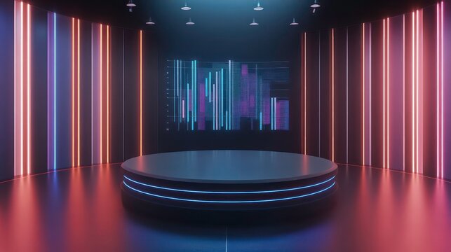 Virtual TV studio set with empty round table and digital chart