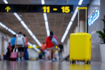 Fototapete - The suitcases in an empty airport hall, traveler cases in the departure airport terminal waiting for the area, vacation concept, blank space for text message or design, travel.