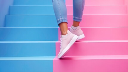 woman wearing trendy sports shoes jogging or walking in minimal colorful staircase pink blue pastel 
