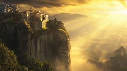 Wall Mural - Serene Monastery at Sunrise: Golden Light and Mist on Mountain Peak - Ultra-Detailed Photograph