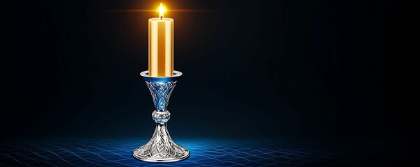 Wall Mural - Silver precious rare concept, A glowing candle stands elegantly in a decorative holder, casting a warm light against a dark background.