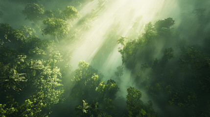 Sticker - captivating aerial view of dense jungle with sunlight filtering through