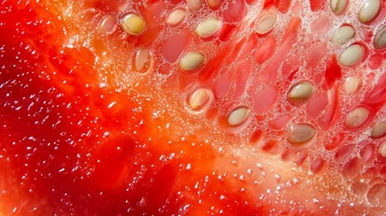 Wall Mural - Close-up of a sliced strawberry showcasing its juicy texture and seeds.