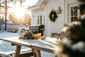 Winter morning light bathes a cozy outdoor dining area adorned with festive decor and refreshing beverages