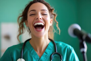 Joyful healthcare professional celebrates with a smile during a lively moment in the clinic