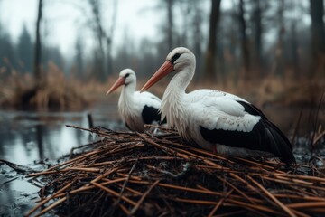 Two storks perched elegantly on their nest near a tranquil wetland during a misty morning